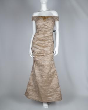 Off The Shoulder Taffeta Crinkle Champagne Gown Size 8P